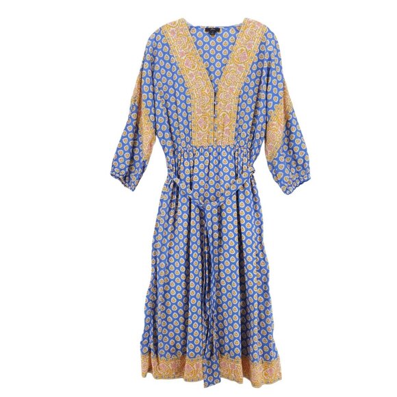 J CREW Midi Dress Blue Yellow Print Floral Belted 100% Cotton SMALL - Flaws! - Picture 1 of 11